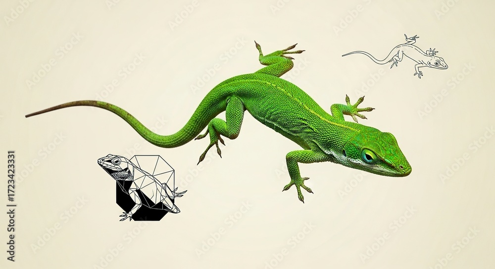 Naklejka premium Green lizard with line drawings