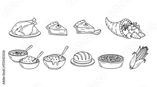 Hand drawn thanksgiving food collection festive seasonal meal elements celebration feast dinner silhouette