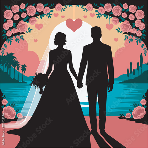 Silhouette of Couple Holding Hands by the Sea at Sunset with Floral Archway