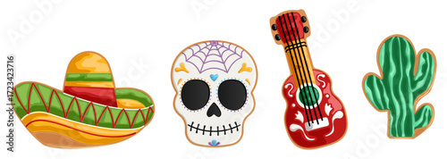 Mexican Cookie Collection Illustration: Day of the Dead Calavera, Sombrero, Cactus, and Guitar Gingerbread