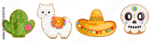 Cute Mexican Cookie Collection Illustration: Llama, Sugar Skull Calavera, Sombrero, and Cactus Gingerbread Art