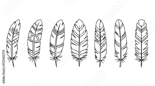 Collection of seven hand drawn sketchy feathers black and white line art silhouette