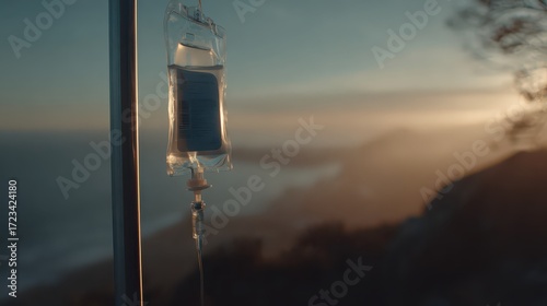 IV Bag Against Scenic Sunset View Over Ocean and Mountains