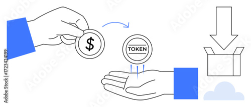 Hand exchanging dollar coin for token, download box, arrow and cloud. Ideal for cryptocurrency, finance, transaction, trade, data storage investment and commerce. Simple flat metaphor