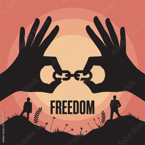 Breaking Chains of Oppression Silhouette with Hands Freedom Concept on Sunrise Background