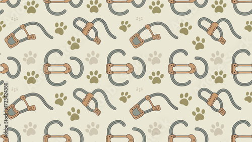 A seamless pattern with dog paw prints and dog muzzle designs on a light beige background repeating design