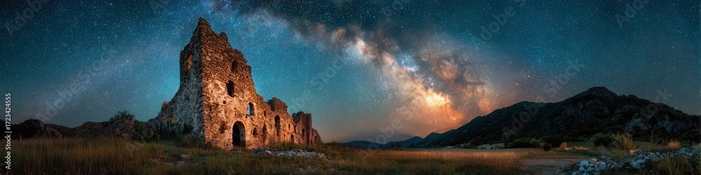Fototapeta premium Majestic Milky Way arches above an ancient crumbling castle ruin, casting a moody, ethereal light across the serene and timeless landscape at twilight.