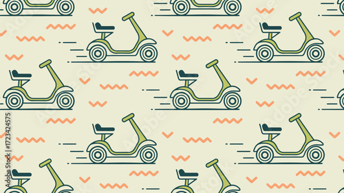 A repeating pattern of green mobility scooters with orange zigzags on a light beige background design art