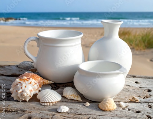 White ceramic ware on driftwood by the beach
