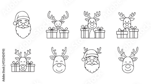 Cute christmas character collection hand drawn line art santa claus reindeer festive presents silhouette