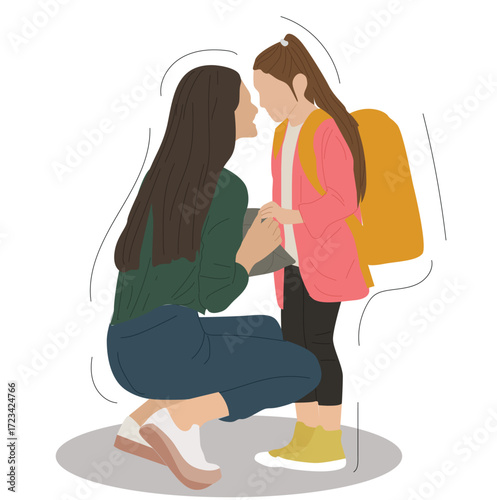 mother takes child to school. Mother wearing work clothes is taking her daughter with braids to school