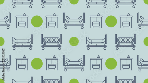 A seamless pattern featuring hospital beds bedside tables and green circles on a light blue background