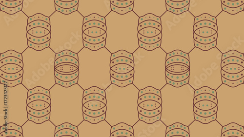 A repeating pattern of brown hexagons with curved shapes and green and brown dots on a tan background
