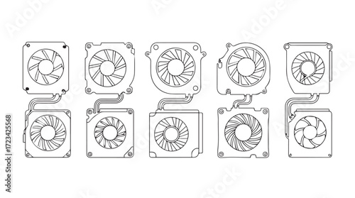 Collection of ten different computer cooling fan designs for enhanced ventilation and performance silhouette
