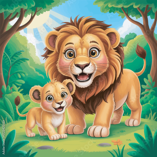 Lion and Cub in Forest Illustration with Trees, Sunlight, and Lush Greenery Scenery