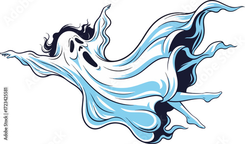 A spooky ghost with long black hair is floating in the air isolated on white background, wearing a white sheet and making a scary face