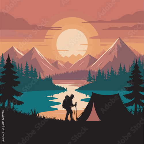 Outdoor Adventure Scene: Silhouette of Hiker Camping in Mountain Landscape at Sunset