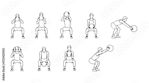 Fitness exercise illustrations depicting various squat and weight training movements silhouette