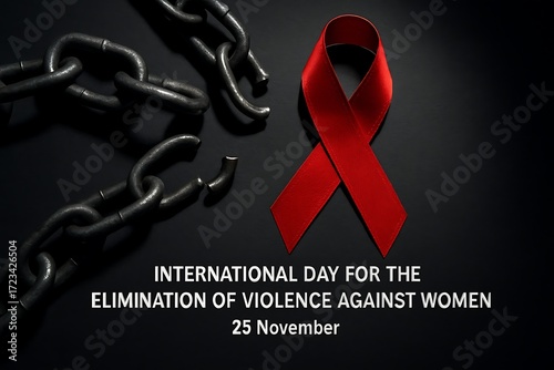 Red ribbon and broken chains symbolizing elimination of violence against women
