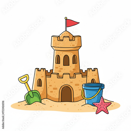 cartoon vector of sand castle on white background