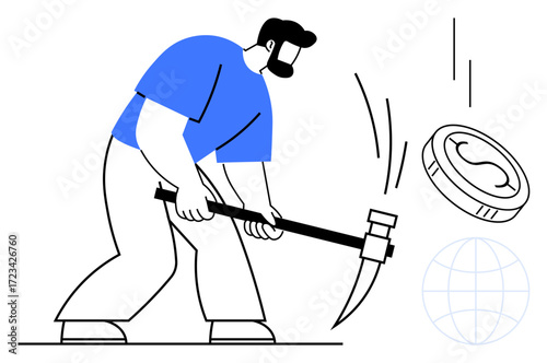Man using pickaxe to mine cryptocurrency symbolic coin with dollar sign and globe in background. Ideal for blockchain, cryptocurrency, digital economy, finance, mining process, global trade, simple