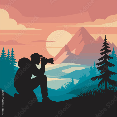 Silhouette of Photographer Taking Pictures in Mountain Landscape at Sunset for Art