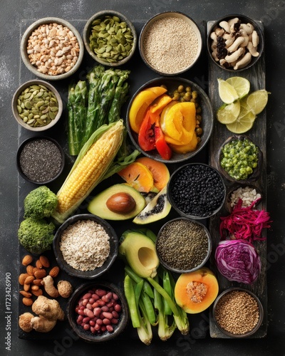 Nutrient Palette: A diverse array of fresh, whole foods and ingredients is meticulously arranged, representing health, well-being, and the vibrancy of a nutritious lifestyle.