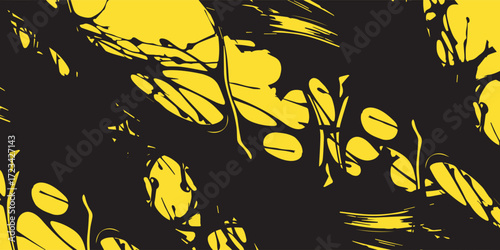 Bold yellow background features dynamic black brushstrokes and halftone dots creating a striking and modern graphic design element. vector eps10