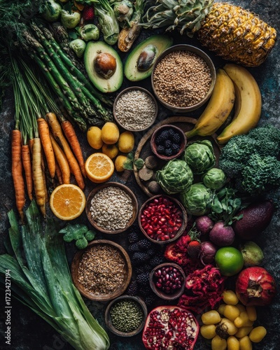 A Symphony of Fresh Produce: A vibrant tableau of wholesome ingredients, meticulously arranged to showcase a colorful array of fruits, vegetables, and grains.