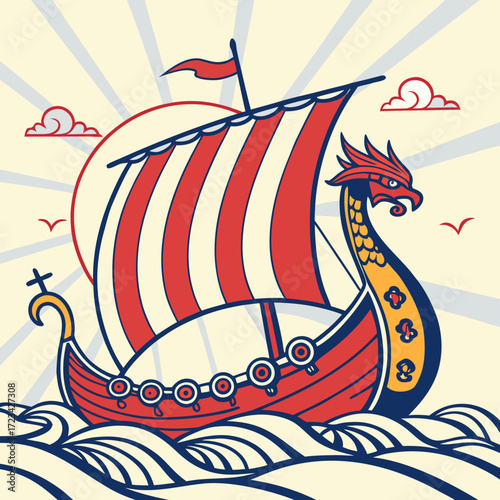 Bold Viking Longship Sailing on Wavy Seas, Dragon Prow and Striped Sail, a Maritime Adventure, Perfect for History Enthusiasts and Nautical Decor Projects