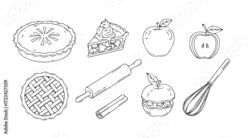Hand drawn baking ingredients and desserts apple pie rolling pin whisk and cinnamon stick silhouette