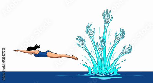 A woman dives into the water with skeleton hands emerging, isolated on white background, creating a surreal and captivating visual narrative