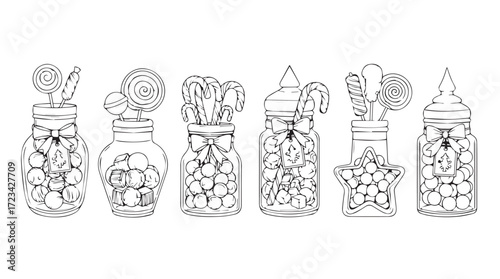 Collection of six decorative glass jars filled with flowers and botanical elements silhouette