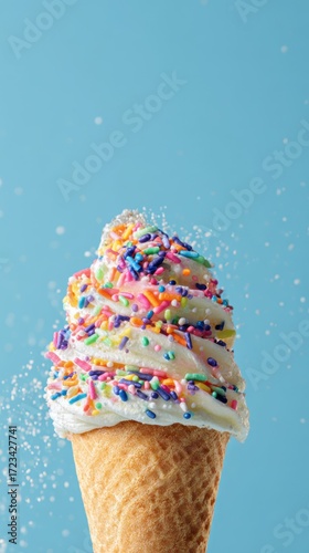 Sweet Delight: A perfect swirl of soft-serve ice cream, adorned with vibrant sprinkles, nestled in a crispy waffle cone, promises a moment of pure indulgence and summery pleasure.
