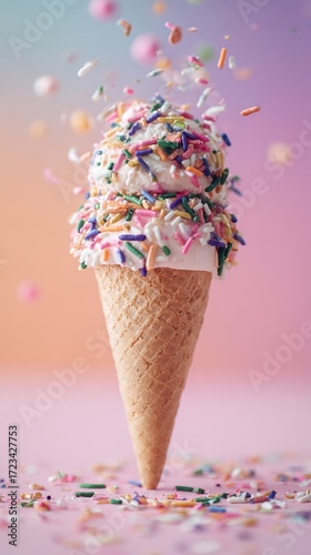 Sweet Delight: A single ice cream cone, adorned with a swirl of vanilla ice cream and colorful sprinkles, sits in a pastel backdrop. Evoking joy and simple pleasures.