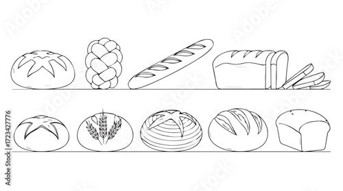 Artistic hand drawn assortment of freshly baked bread loaves and rolls detailed sketch collection silhouette