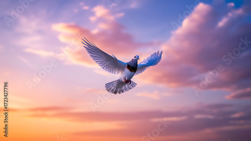 Fototapeta Naklejka Na Ścianę i Meble -  A white dove in flight against a vibrant sunset sky with colorful clouds