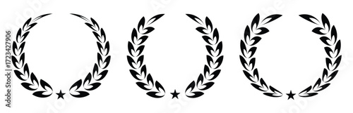 Set of black circular laurel wreath. Emblem floral Greek branch of oak leaves, eucalyptus leaf, Wheat, winner award, champion medal, swirls, twigs and flower ornaments vector