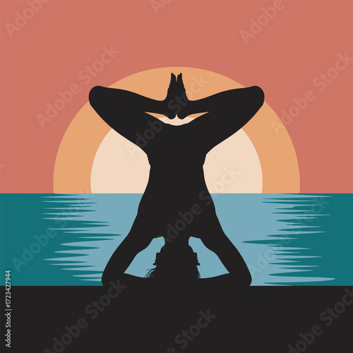 Silhouette of Woman Practicing Yoga Headstand Pose at Sunset by the Ocean for Wellness