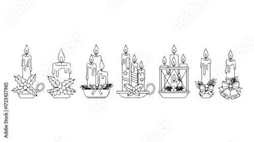 Ornate antique candle holders and candelabras in detailed line art style silhouette