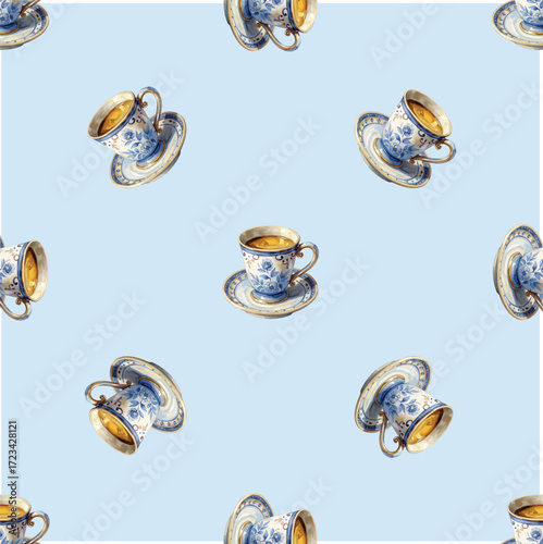 Vintage Blue Coffee Cups Watercolor Vector Seamless Pattern