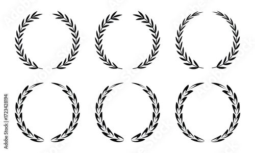 Set of black circular laurel wreath. Emblem floral Greek branch of oak leaves, eucalyptus leaf, Wheat, winner award, champion medal, swirls, twigs and flower ornaments vector