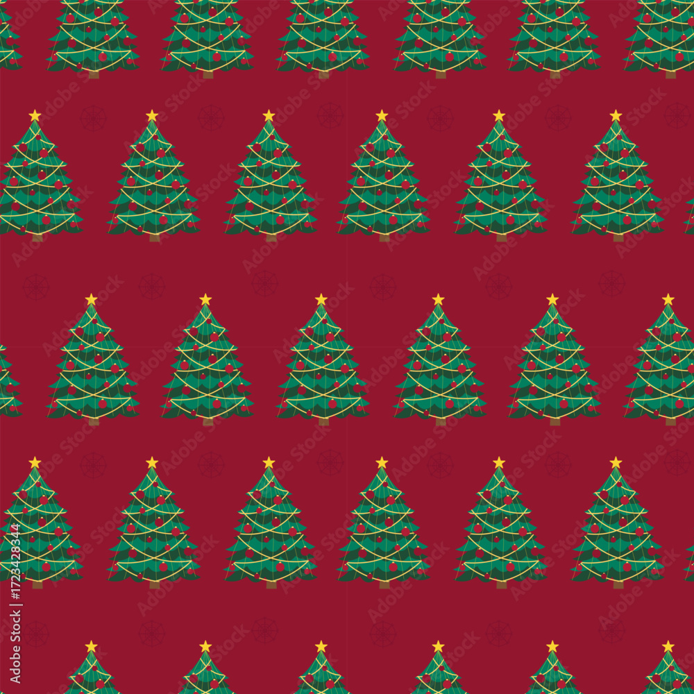 Obraz premium A seamless Christmas and New Year's pattern with trees and snowflakes on a red background. Perfect for packaging and greeting cards, prints, banners, and posters. Winter elements on a red background.