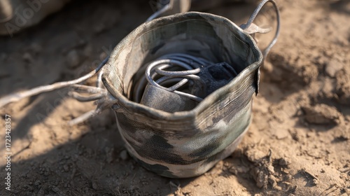 Wallpaper Mural Camouflage pouch with camping gear and tools on sandy ground Torontodigital.ca