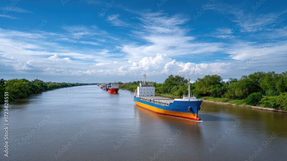 Fototapeta premium Global logistic transportation concept with cargo ship sailing on river under blue sky and clouds in peaceful nature
