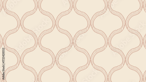 Beige background with repeating pattern of curved rope like shapes forming symmetrical decorative design