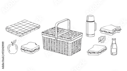 Hand drawn picnic basket with food blanket and drink essentials for outdoor leisure silhouette