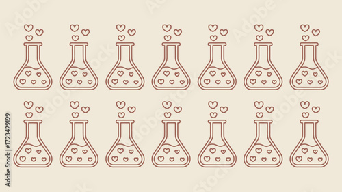 Repeated pattern of brown outline beakers filled with hearts on a light beige background in two rows