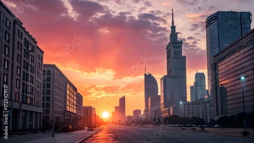 Illustration of beautiful sunset over the city of warsaw with palace of culture and science in the background