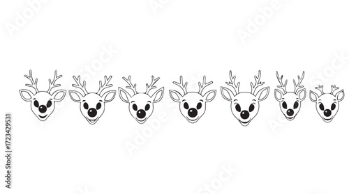 Charming watercolor reindeer faces with festive red noses for christmas and holiday designs silhouette